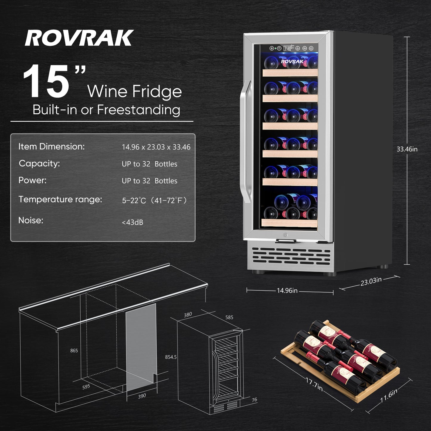 32 Bottles, 15 inch Built-in or Freestanding Wine Cooler Refrigerator