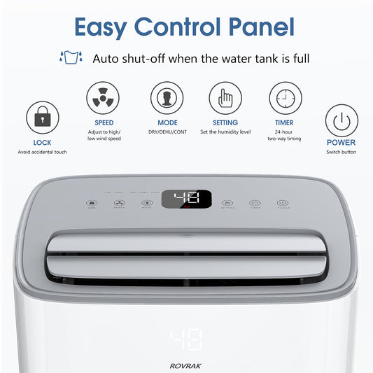 ROVRAK 35 Pint 2500 Sq. Ft. Dehumidifier for Home Bedroom Basement Wet Bathroom with Smart Humidity Control, Continuous Drain Hose and 0.66 Gallon Water Tank Capacity