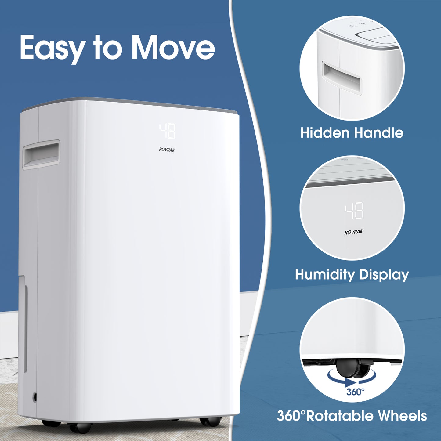 ROVRAK 35 Pint 2500 Sq. Ft. Dehumidifier for Home Bedroom Basement Wet Bathroom with Smart Humidity Control, Continuous Drain Hose and 0.66 Gallon Water Tank Capacity
