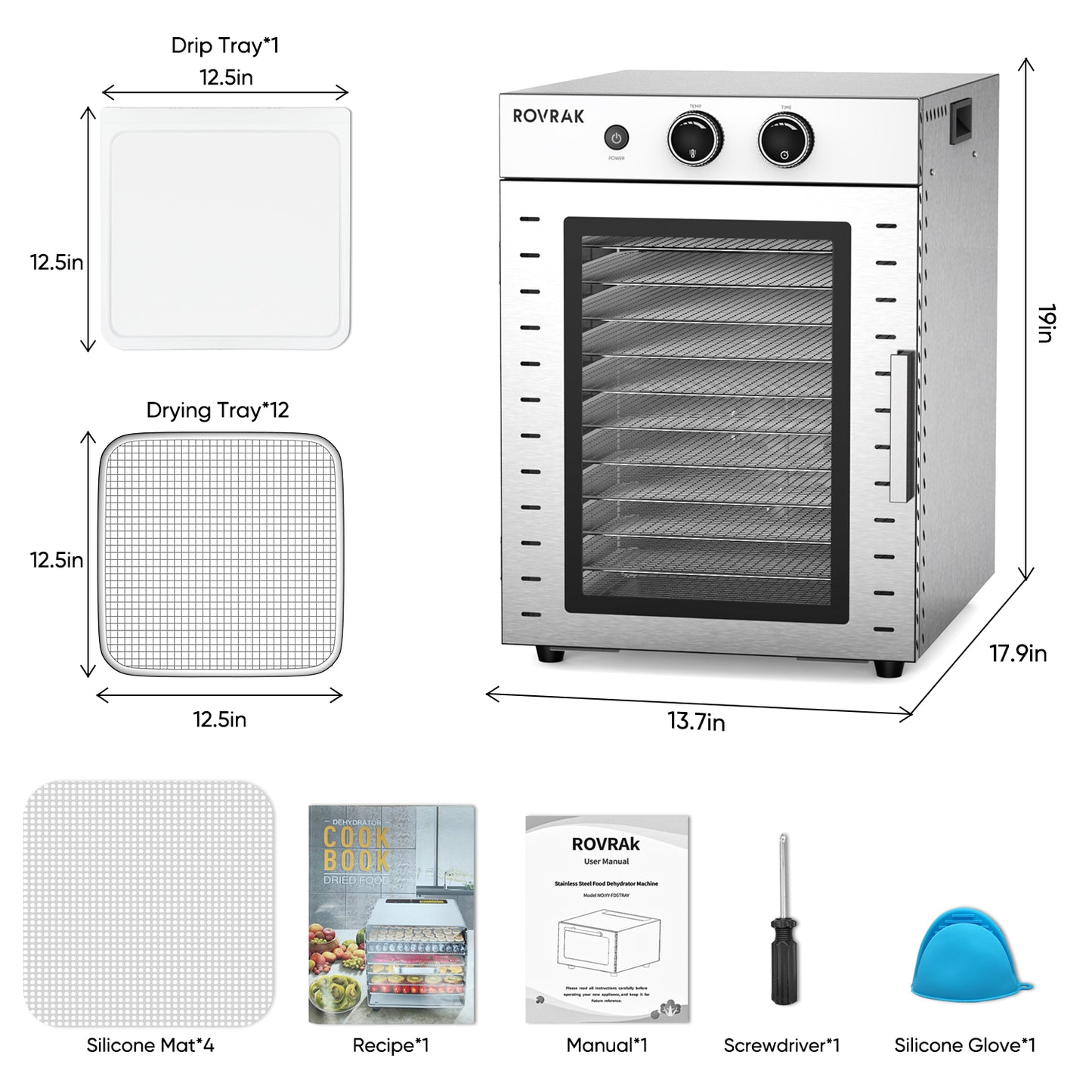 ROVRAk Food Dehydrator for Jerky, Fruit, Meat, Herbs, 12-Tray Stainless Steel Dehydrator Machine, Double-Layer Insulation, Adjustable Timer, Temperature Control, Overheat Protection (67 Recipes)