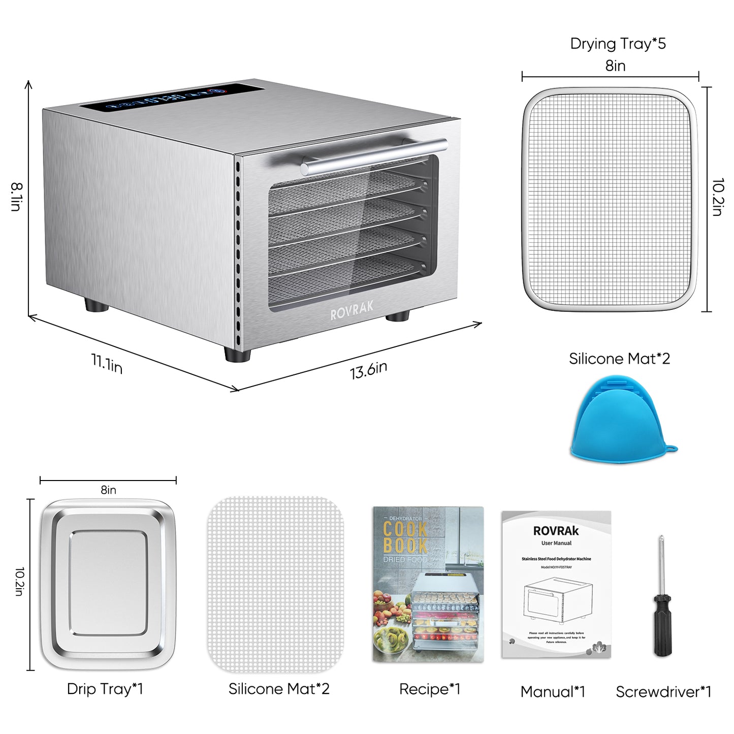 ROVRAk Food Dehydrator Machine 5-Tray Stainless Steel Dehydrator for Jerky, Fruit, Meat, Dog Treats, Adjustable Timer, Digital Temperature Control (67 Recipes)