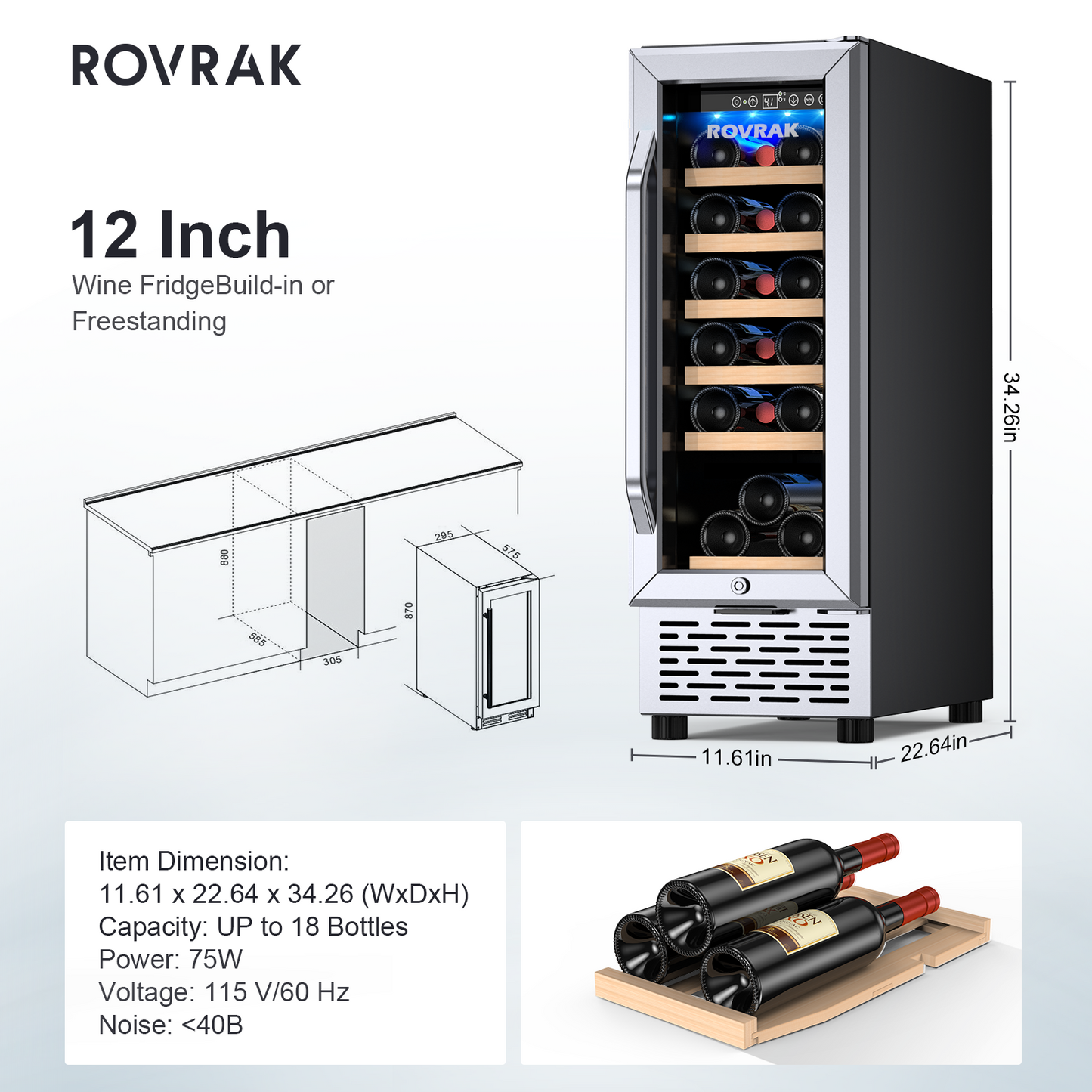 18 Bottle, 12 inch Built-in or Freestanding Wine Cooler Refrigerator