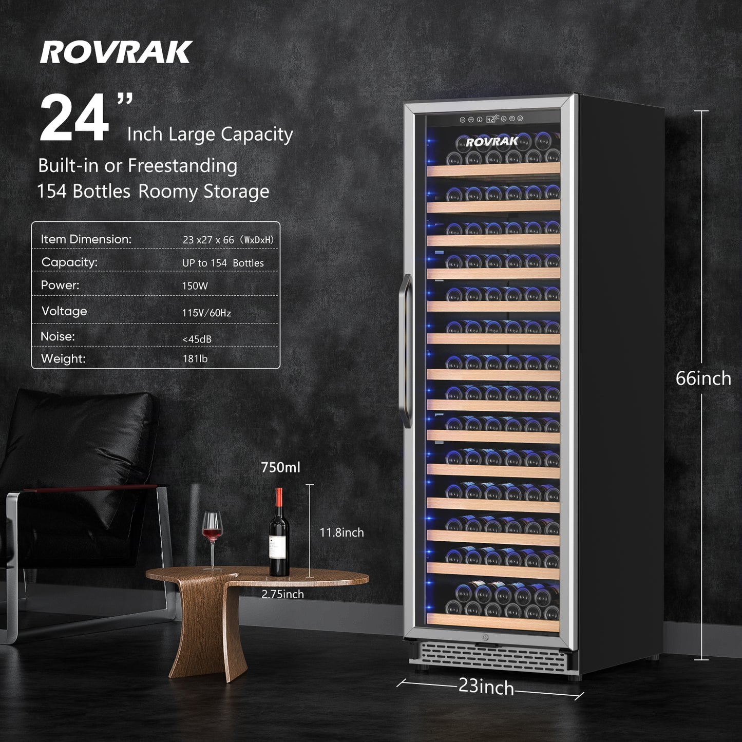 154 Bottle, 24 inch Freestanding Wine Cooler Refrigerator