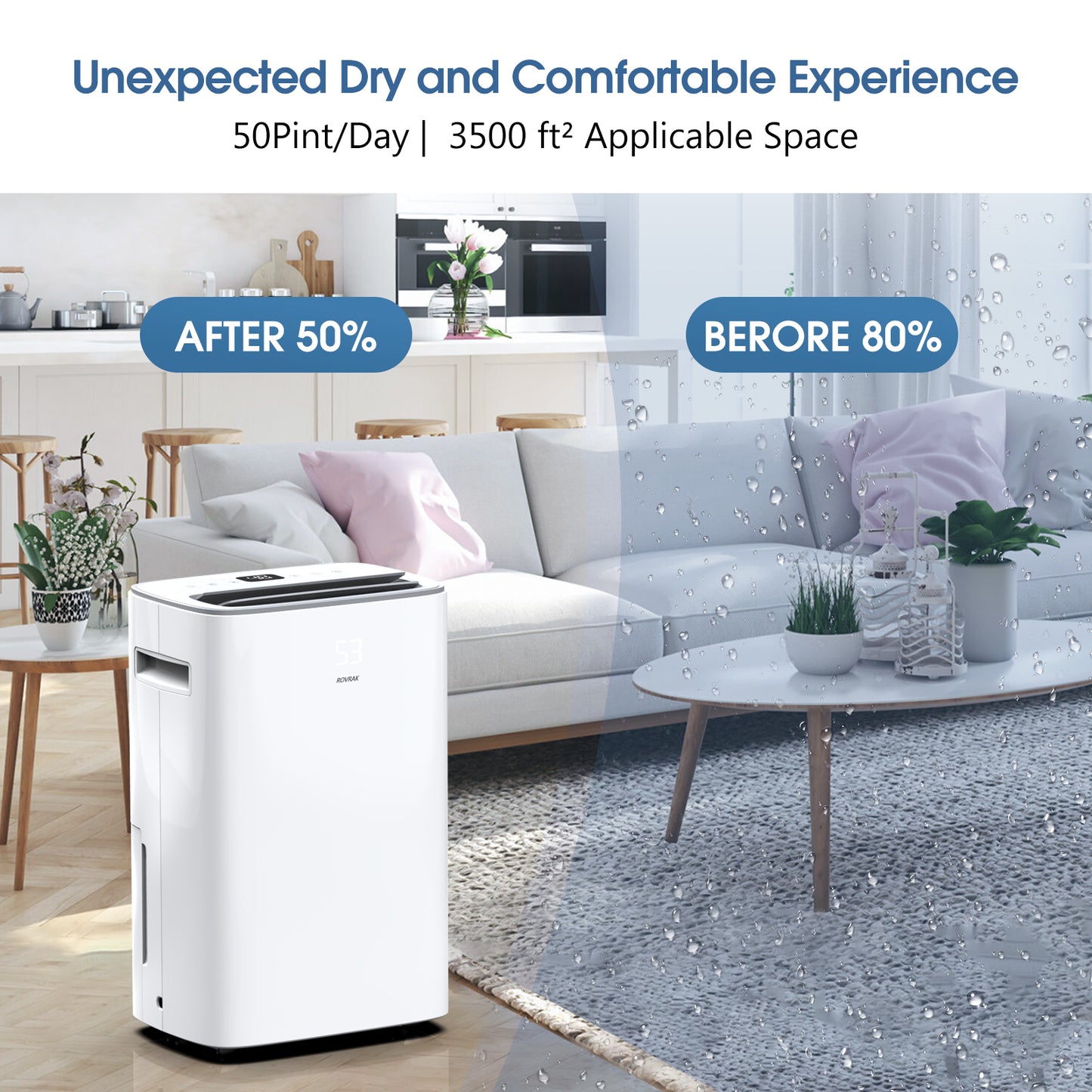 ROVRAK 50 Pint 3500 Sq. Ft. Dehumidifier 3 Modes Adjustable Household Dehumidifier, with Auto or Manual Drainage and 0.66 Gallon Water Tank Capacity for Living Room Wardrobe Garage
