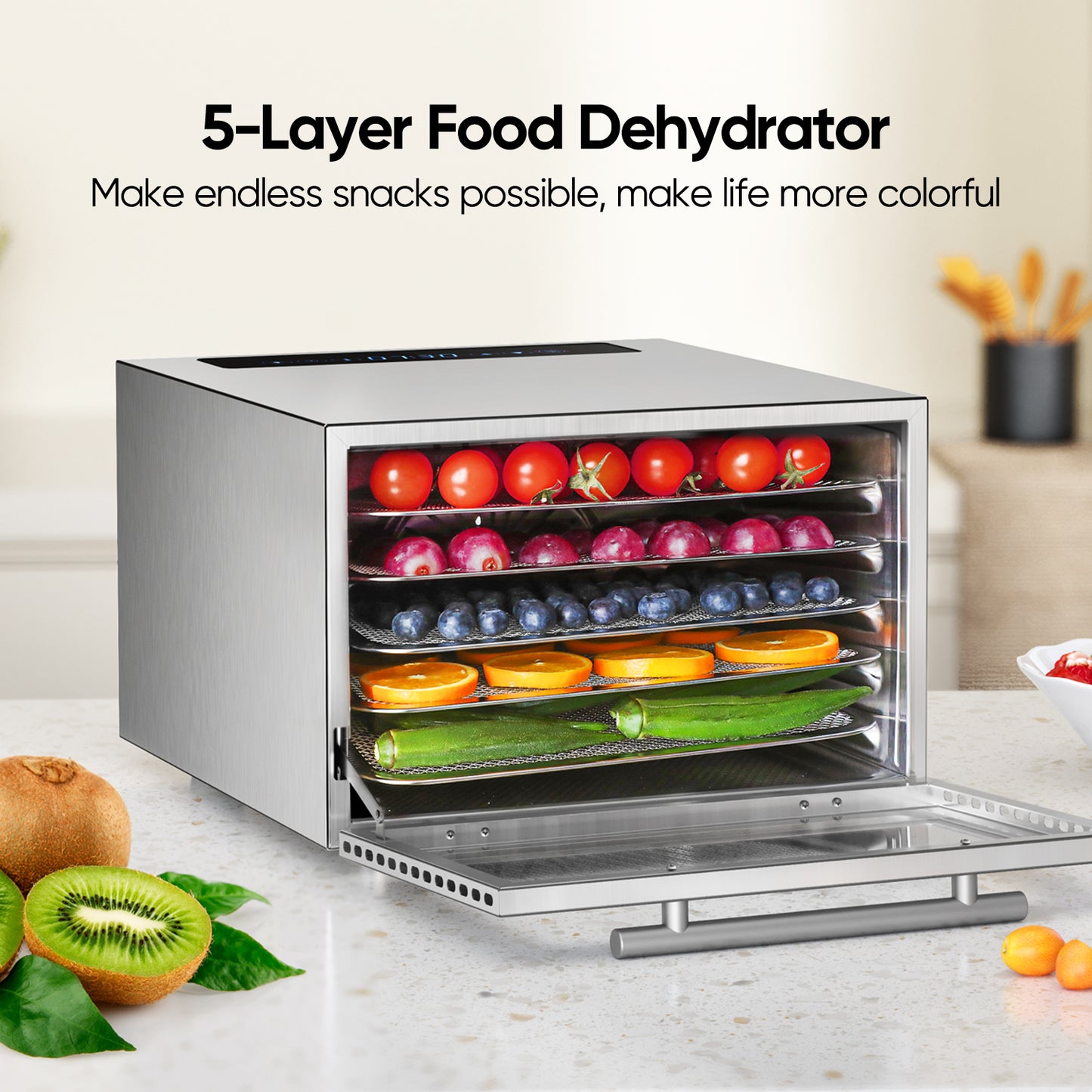Food Dehydrator Machine, Fruit Vegetable Dryer With 6 Stainless Steel Trays  Temperature Electric Food Dryer For Jerky, , Beef, Fruit, Dog Treats 