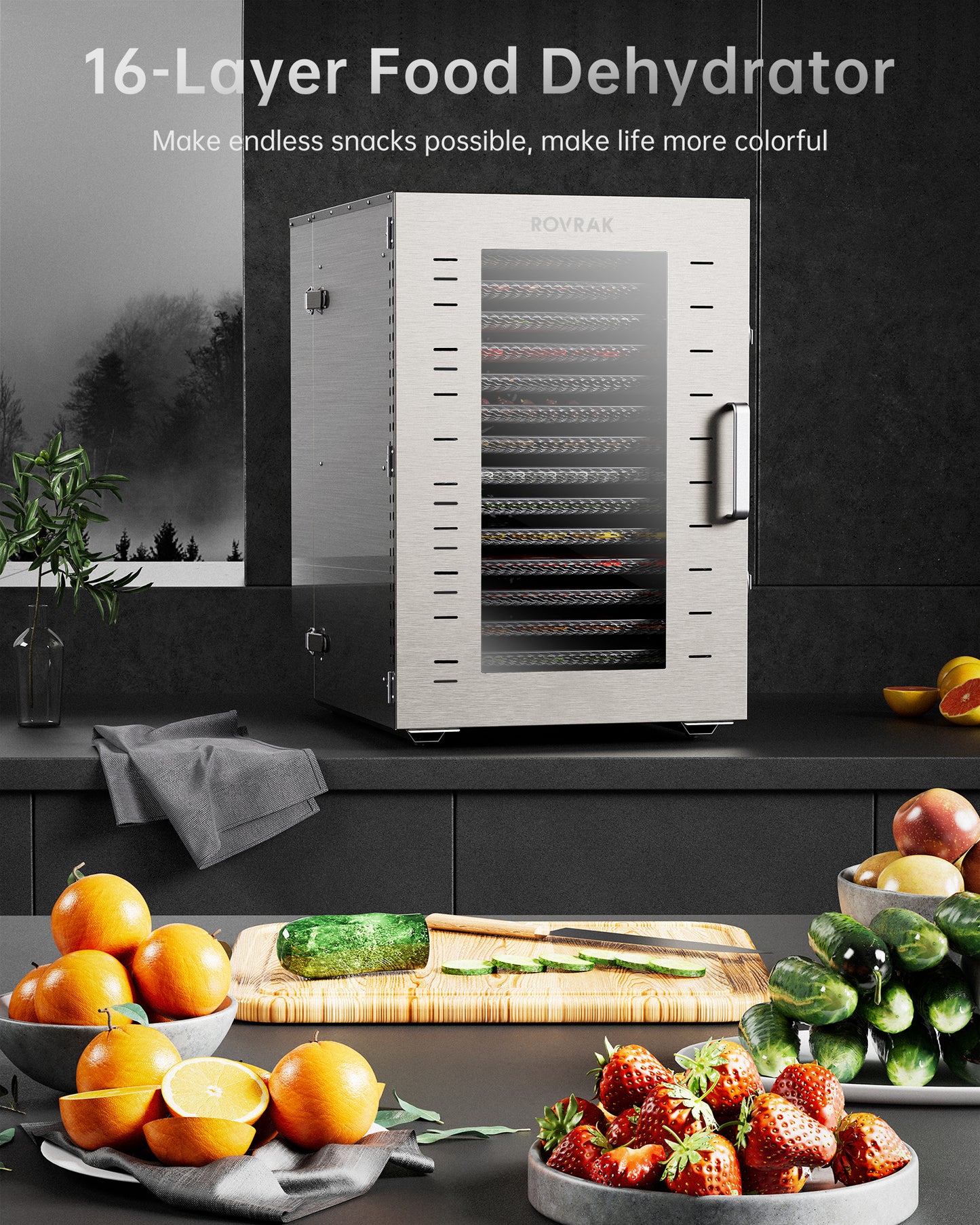 ROVRAk Commercial Dehydrator Machine, 16-Tray Food Dehydrator for Jerky, Fruit, Meat, Herbs, Adjustable Timer, Temperature Control, Overheat Protection (67 Recipes)